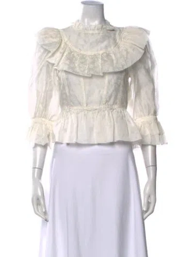 Pre-owned Ulla Johnson Floral Print Three-quarter Sleeve Blouse In White