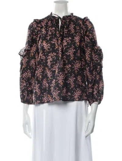 Pre-owned Ulla Johnson Floral Print Tie Neck Blouse In Black