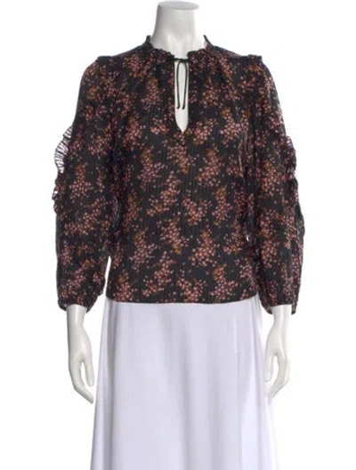 Pre-owned Ulla Johnson Floral Print Tie Neck Blouse In Black