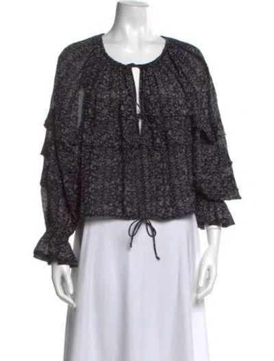Pre-owned Ulla Johnson Floral Print Tie Neck Blouse In Black