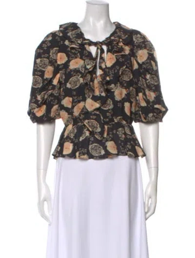 Pre-owned Ulla Johnson Floral Print Tie Neck Blouse In Black