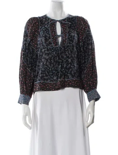 Pre-owned Ulla Johnson Floral Print Tie Neck Blouse In Black