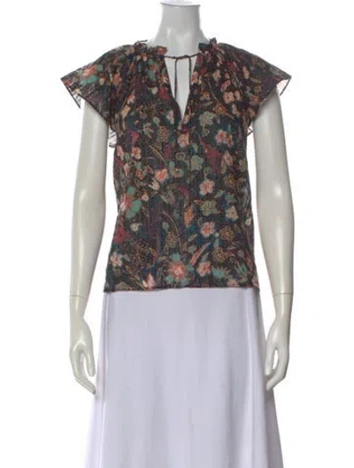 Pre-owned Ulla Johnson Floral Print Tie Neck Blouse In Black