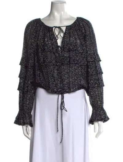 Pre-owned Ulla Johnson Floral Print Tie Neck Blouse In Black