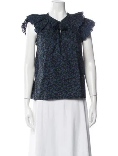 Pre-owned Ulla Johnson Floral Print Tie Neck Blouse In Black