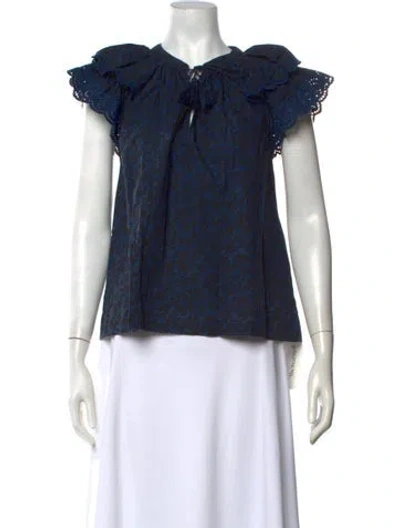 Pre-owned Ulla Johnson Floral Print Tie Neck Blouse In Black/blue