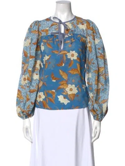 Pre-owned Ulla Johnson Floral Print Tie Neck Blouse In Blue