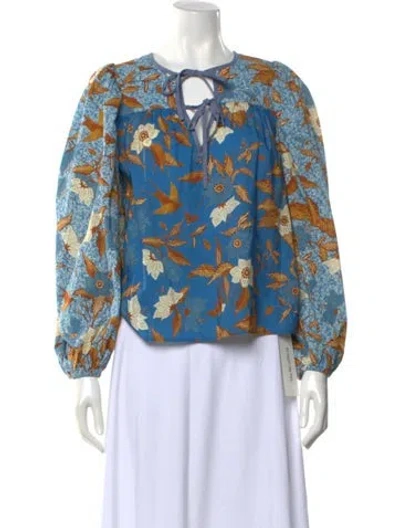 Pre-owned Ulla Johnson Floral Print Tie Neck Blouse In Blue