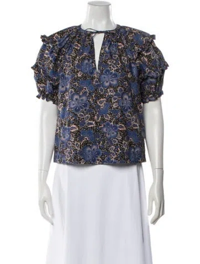Pre-owned Ulla Johnson Floral Print Tie Neck Blouse In Blue