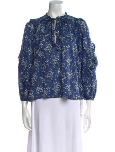Pre-owned Ulla Johnson Floral Print Tie Neck Blouse In Blue
