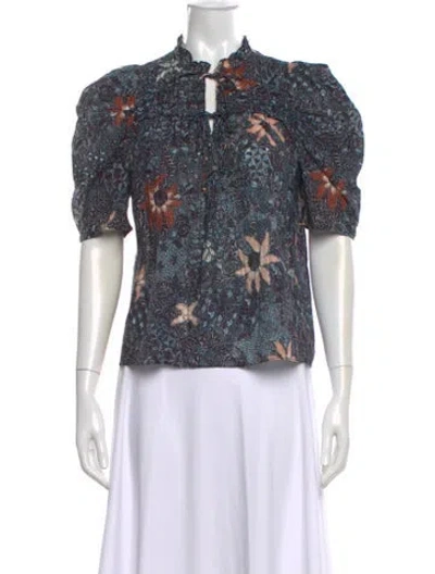 Pre-owned Ulla Johnson Floral Print Tie Neck Blouse In Blue