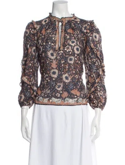 Pre-owned Ulla Johnson Floral Print Tie Neck Blouse In Blue