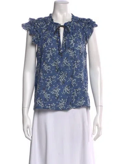 Pre-owned Ulla Johnson Floral Print Tie Neck Blouse In Blue