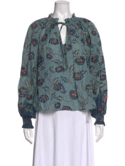 Pre-owned Ulla Johnson Floral Print Tie Neck Blouse In Blue