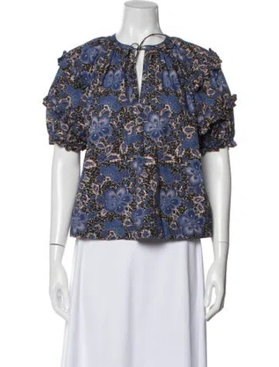 Pre-owned Ulla Johnson Floral Print Tie Neck Blouse In Blue