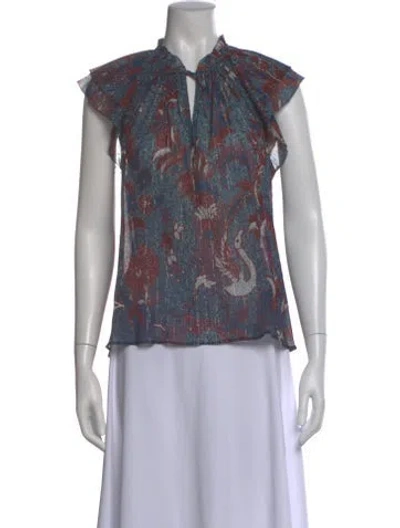 Pre-owned Ulla Johnson Floral Print Tie Neck Blouse In Blue