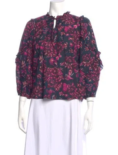 Pre-owned Ulla Johnson Floral Print Tie Neck Blouse In Blue