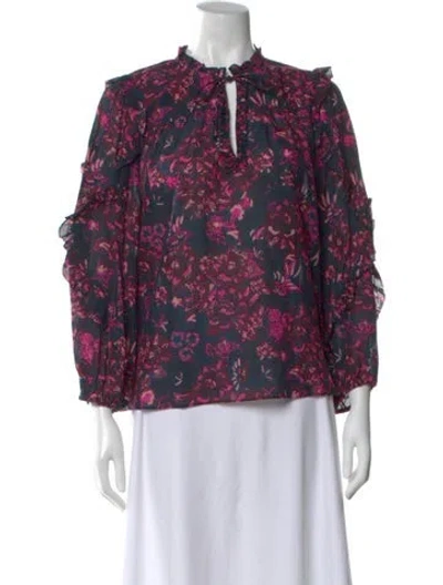 Pre-owned Ulla Johnson Floral Print Tie Neck Blouse In Blue