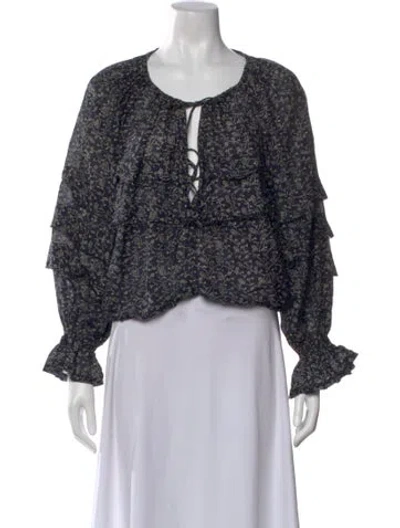 Pre-owned Ulla Johnson Floral Print Tie Neck Blouse In Blue