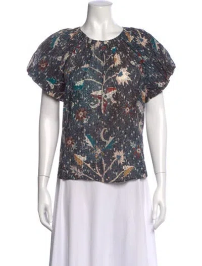 Pre-owned Ulla Johnson Floral Print Tie Neck Blouse In Blue