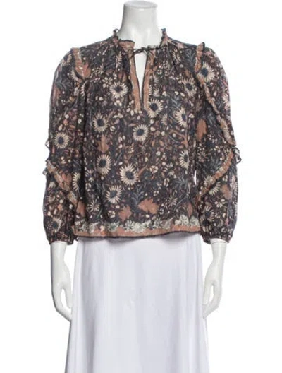 Pre-owned Ulla Johnson Floral Print Tie Neck Blouse In Blue