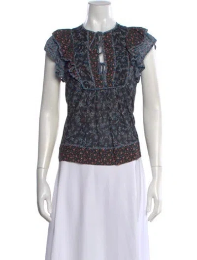Pre-owned Ulla Johnson Floral Print Tie Neck Blouse In Blue