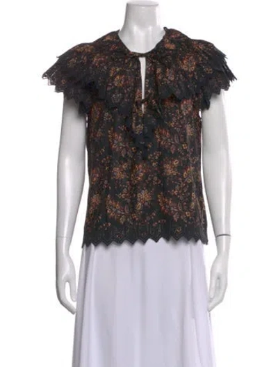 Pre-owned Ulla Johnson Floral Print Tie Neck Blouse In Blue