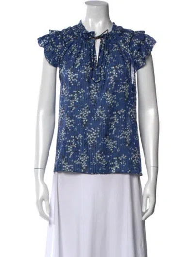 Pre-owned Ulla Johnson Floral Print Tie Neck Blouse In Blue