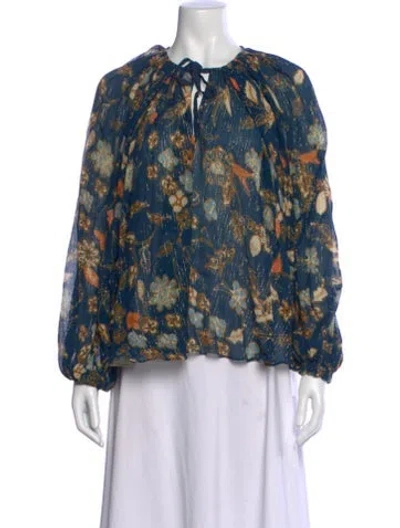 Pre-owned Ulla Johnson Floral Print Tie Neck Blouse In Blue