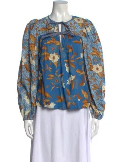 Pre-owned Ulla Johnson Floral Print Tie Neck Blouse In Blue