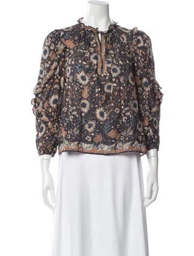 Pre-owned Ulla Johnson Floral Print Tie Neck Blouse In Blue