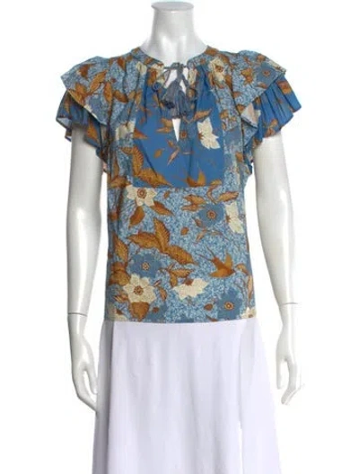 Pre-owned Ulla Johnson Floral Print Tie Neck Blouse In Blue