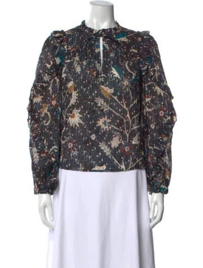 Pre-owned Ulla Johnson Floral Print Tie Neck Blouse In Blue