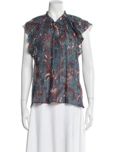 Pre-owned Ulla Johnson Floral Print Tie Neck Blouse In Blue