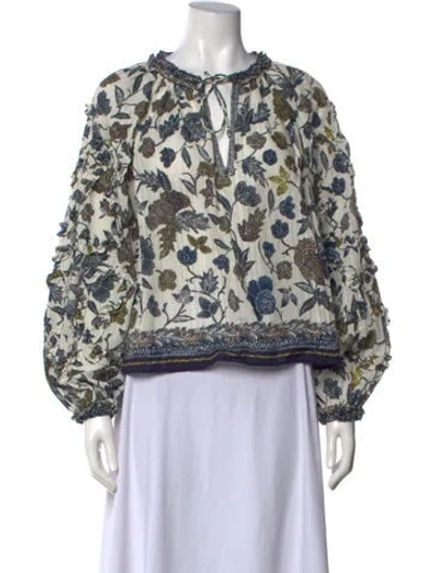 Pre-owned Ulla Johnson Floral Print Tie Neck Blouse In Blue
