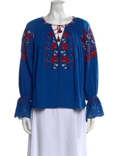 Pre-owned Ulla Johnson Floral Print Tie Neck Blouse In Blue