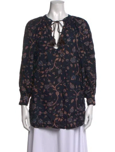 Pre-owned Ulla Johnson Floral Print Tie Neck Blouse In Blue