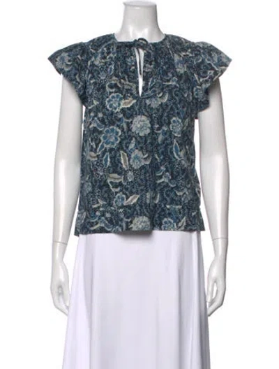 Pre-owned Ulla Johnson Floral Print Tie Neck Blouse In Blue