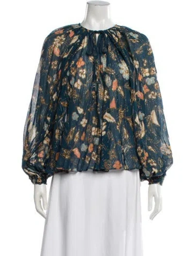 Pre-owned Ulla Johnson Floral Print Tie Neck Blouse In Blue