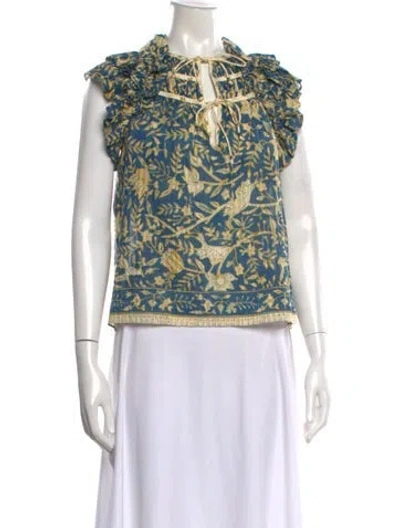 Pre-owned Ulla Johnson Floral Print Tie Neck Blouse In Blue
