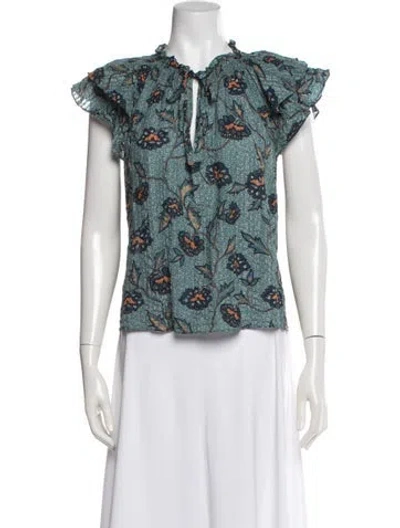 Pre-owned Ulla Johnson Floral Print Tie Neck Blouse In Blue