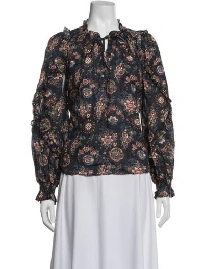 Pre-owned Ulla Johnson Floral Print Tie Neck Blouse In Blue