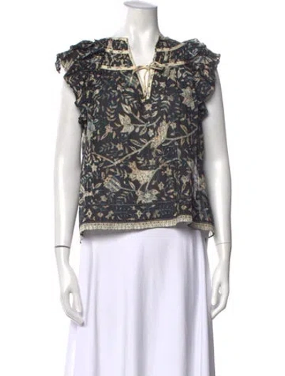 Pre-owned Ulla Johnson Floral Print Tie Neck Blouse In Blue