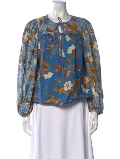 Pre-owned Ulla Johnson Floral Print Tie Neck Blouse In Blue