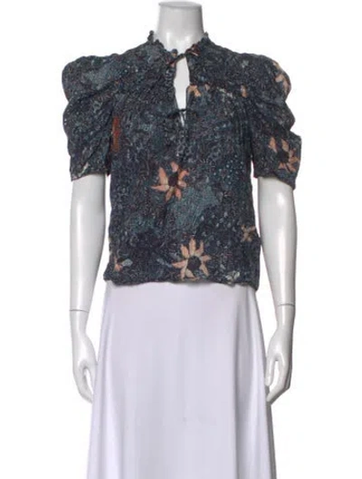 Pre-owned Ulla Johnson Floral Print Tie Neck Blouse In Blue