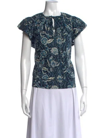 Pre-owned Ulla Johnson Floral Print Tie Neck Blouse In Blue