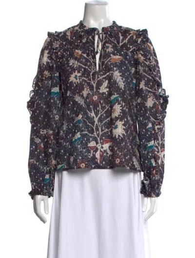 Pre-owned Ulla Johnson Floral Print Tie Neck Blouse In Blue