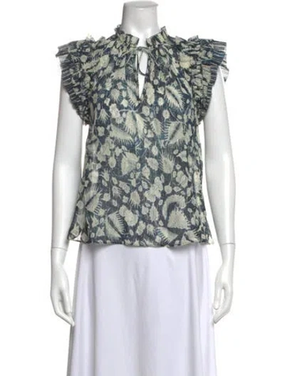 Pre-owned Ulla Johnson Floral Print Tie Neck Blouse In Blue/metallic