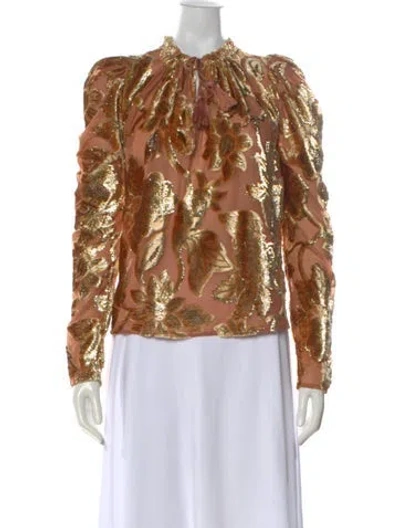 Pre-owned Ulla Johnson Floral Print Tie Neck Blouse In Gold