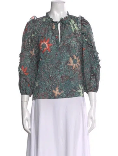Pre-owned Ulla Johnson Floral Print Tie Neck Blouse In Green